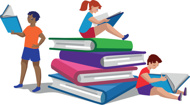 Kids reading on a huge pile of books. School education and knowledge concept. Vector Illustration, clip art, cartoon, drawing.