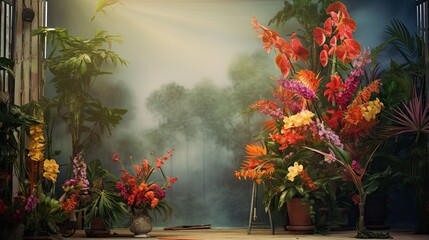 Fototapeta na wymiar A nostalgic frame of tropical flowers against a vintage backdrop. 