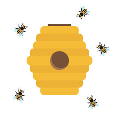 Flat icon bees around the beehive isolated on white background. Vector illustration.
