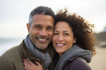 Middle age mixed race cheerful couple enjoying dating time on ocean beach
