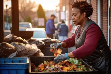 African American middle aged woman street cleaner separates waste in urban environment