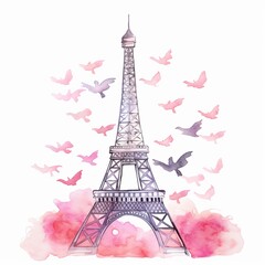 Fototapeta na wymiar illustration of watercolor stylized cartoon eiffel tower in pink, Generative ai