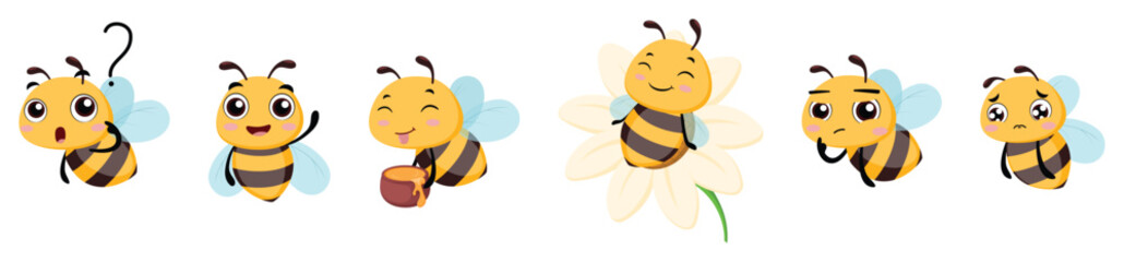 Set of cute bee cartoon with different expression - obrazy, fototapety, plakaty