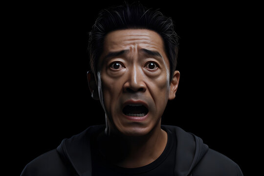 Surprised Asian man on black background. Neural network generated image. Not based on any actual person or scene.