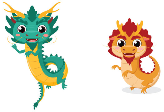 Cute red and green chinese dragons cartoon 