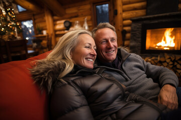 Obraz premium Happy middle age couple sitting near a fireplace indoor winter forest cabin