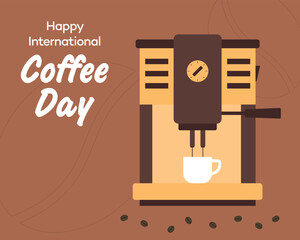 Flat illustration international day of coffee isolated on brown background. Vector illustration.