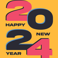 Happy New Year 2024 design isolated on yellow background. Vector illustration.