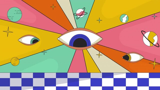 Groovy psychedelic world line 2D animation. 70s retro watching over eyes trippy 4K video motion graphic. Stars planets. Hippie rave surreal. Dream hallucination linear animated cartoon flat concept