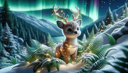 A magical Christmas deer stands amidst snow-covered ferns. Fairy lights are draped around its antlers, and the Northern lights paint the sky in the background.