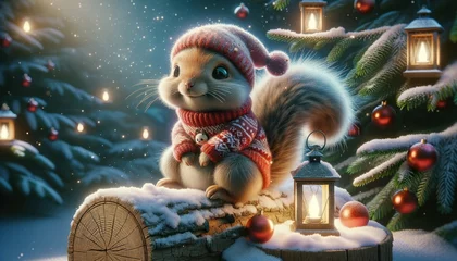 Fotobehang Magical Christmas critter, a blend of squirrel and penguin, wearing a Christmas sweater on a snowy log. © Cad3D.Expert