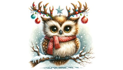 A whimsical Christmas creature that is a fusion of an owl and a reindeer. It has fluffy fur, antlers adorned with Christmas ornaments, and is sitting on a snowy branch.