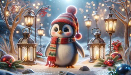 A magical Christmas critter resembling a realistic penguin, donning a festive scarf and hat, standing amidst a snowy landscape, with shimmering lanterns illuminating the scene. - obrazy, fototapety, plakaty