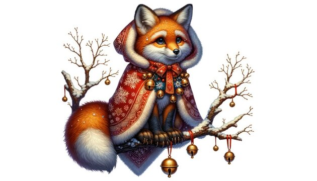 Digital render of a fantasy Christmas animal, a mix of a fox and a snow owl, sitting on a branch draped in a festive cloak with a snowflake pattern and golden bells around its neck.