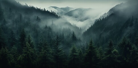 Misty Evergreen Forest Panorama in Mountain Range