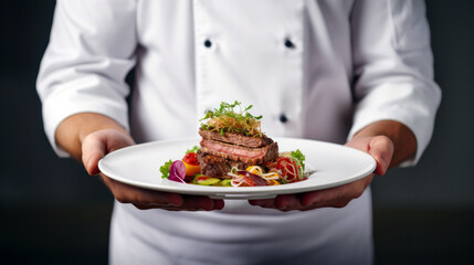 chef holding food in a plate - obrazy, fototapety, plakaty