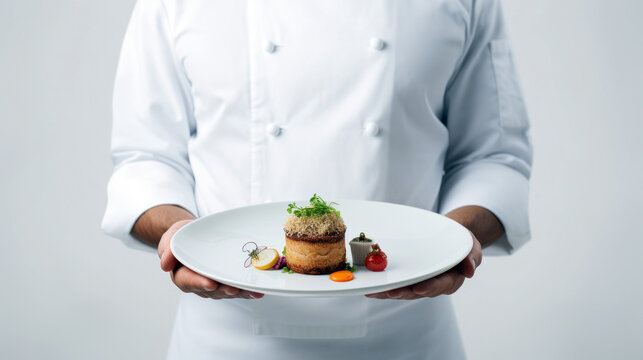 chef holding plate with food