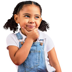 Happy, girl with idea or thinking face of kindergarten student with a goal, dream or plan on isolated, transparent or png background. African, child with curious or creative mind with a question - obrazy, fototapety, plakaty