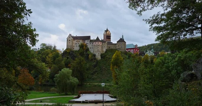 Aerial View medieval castle Loket Czech Republic during Sunset