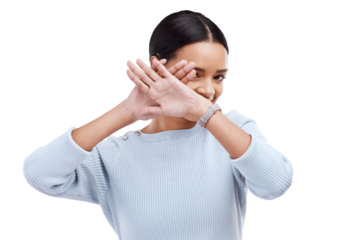 Face, cover and woman hiding, shy and show stop gesture, symbol or emoji icon for confidential, embarrassed or playful. Portrait, palm hands and female person isolated on transparent, png background