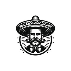 Man wearing cowboy hat vintage logo line art concept black and white color hand drawn illustration, western vintage retro logo