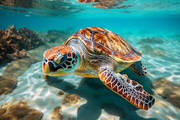 Fototapeta premium An AI illustration of turtle swimming over coral reefs looking towards the camera lens and head
