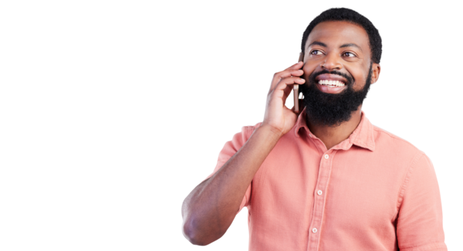 Isolated African man, phone call and smile with listening, thinking or contact by transparent png background. Happy young guy, smartphone and mobile networking for deal, good news or ideas for future