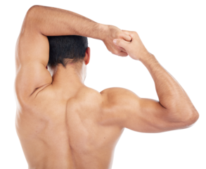 Back view of man, stretching arms and fitness workout, athlete in gym isolated on transparent png background. Sports, male bodybuilder and exercise warm up with training and shirtless with muscle