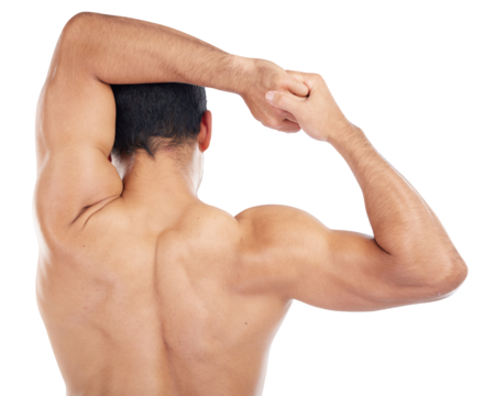 Back view of man, stretching arms and fitness workout, athlete in gym isolated on transparent png background. Sports, male bodybuilder and exercise warm up with training and shirtless with muscle