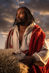 Black Jesus Christ. African american diversity. Red and white robe. Prophet. The Lord. Savior. Sunset pasture and sheep. Rescuing the lamb. - obrazy, fototapety, plakaty