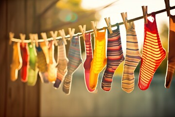 Clothesline with colorful Hangi socks illustration. Ai generative.