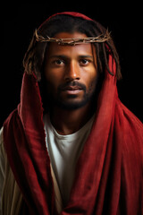 Black Jesus Christ. African american diversity. Red and white robe. Prophet. The Lord. Savior. Wearing a crown of thorns. Portrait.