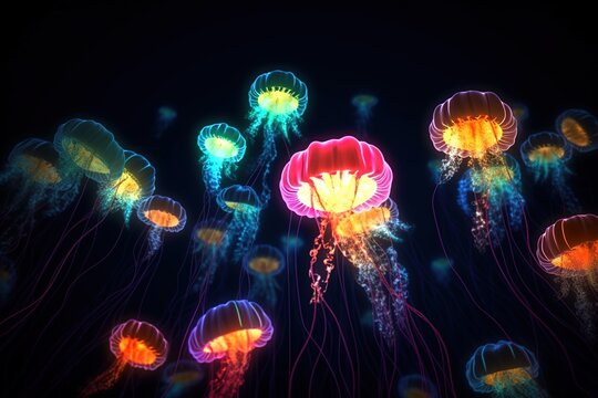 Glowing sea jellyfish on a dark background neural illustration. Ai generative.