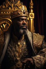 Handsome old King. Black, African, Persian, Egyptian royalty. Golden throne. Medieval fantasy. Beard and gold crown. 