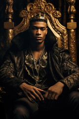 Handsome Prince. Black, African, Persian, Egyptian royalty. Golden throne. Medieval fantasy. - obrazy, fototapety, plakaty