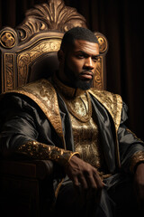 Handsome King. Black, African, Persian, Egyptian royalty. Golden throne. Medieval fantasy. Young prince or king.