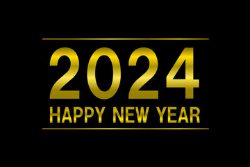 Golden 2024 and Happy New Year letters on black background.