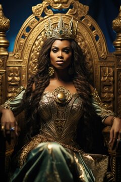 Pretty black queen. Persian queen with a gold crown and throne. 