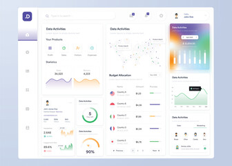 Fototapeta na wymiar UI UX Infographic dashboard. UI design with graphs, charts and diagrams. Web interface template