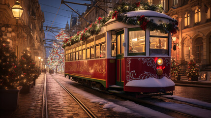 European tram decorated for Christmas - obrazy, fototapety, plakaty