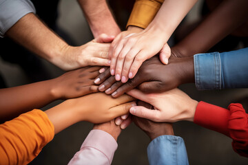 close-up photo of diverse hands joined together, symbolizing unity and inclusivity, multiracial friendship - obrazy, fototapety, plakaty