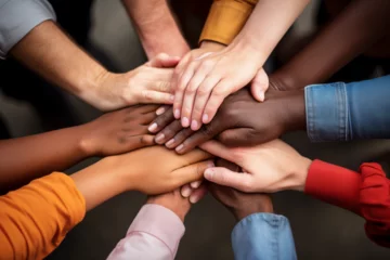 Foto op Plexiglas close-up photo of diverse hands joined together, symbolizing unity and inclusivity, multiracial friendship © Moritz