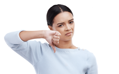 Woman, portrait and thumbs down, hand and opinion with negative feedback isolated on png transparent background. Rejection, no and decision with disagreement, female model vote with choice and voice