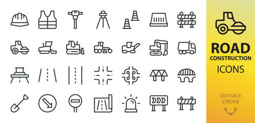 Road construction isolated icons set. Set of traffic cone, road barrier, paver, bulldozer, road junction, bridge, graver, asphalt roller vector icon with editable stroke - obrazy, fototapety, plakaty