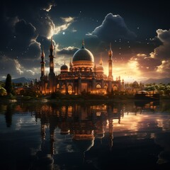 Fototapeta premium Mosque in the morning with a backdrop of the planet moon and clouds accompanying the beauty of the atmosphere, an abstract concept of Islamic religious culture. Ai generative image