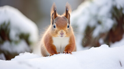 Naklejka na ściany i meble Red Squirrel in Snowy Forest