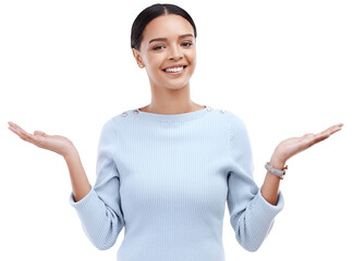 Smile, doubt and portrait of woman shrugging for a positive decision, choice or question. Face,...