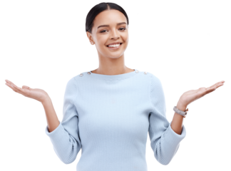 Smile, doubt and portrait of woman shrugging for a positive decision, choice or question. Face, emoji and happy female model with dont know or unsure expression isolated by transparent png background