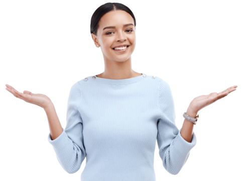 Smile, doubt and portrait of woman shrugging for a positive decision, choice or question. Face, emoji and happy female model with dont know or unsure expression isolated by transparent png background