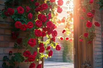 Beautiful red roses on the wall of a house with sunlight.